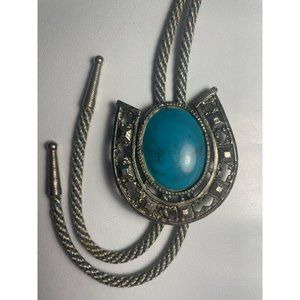 Vintage Silvertone Faux Turquoise Cowboy Horseshoe Bolo Tie